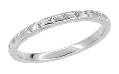 Art Deco Thin Engraved Wheat Wedding Band in 14 Karat White Gold
