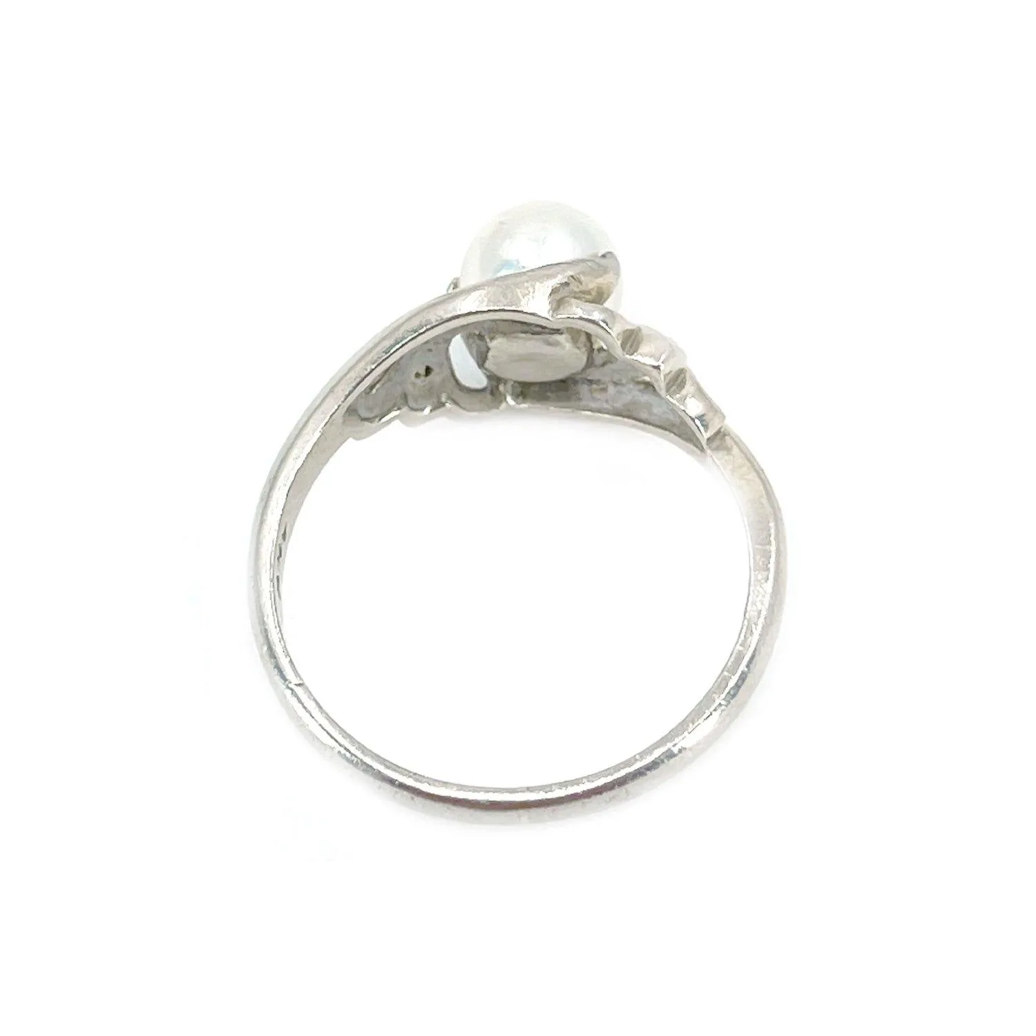 Art Nouveau Japanese Saltwater Akoya Cultured Pearl Diamond Ring- 14K White Gold Size 7 1/2