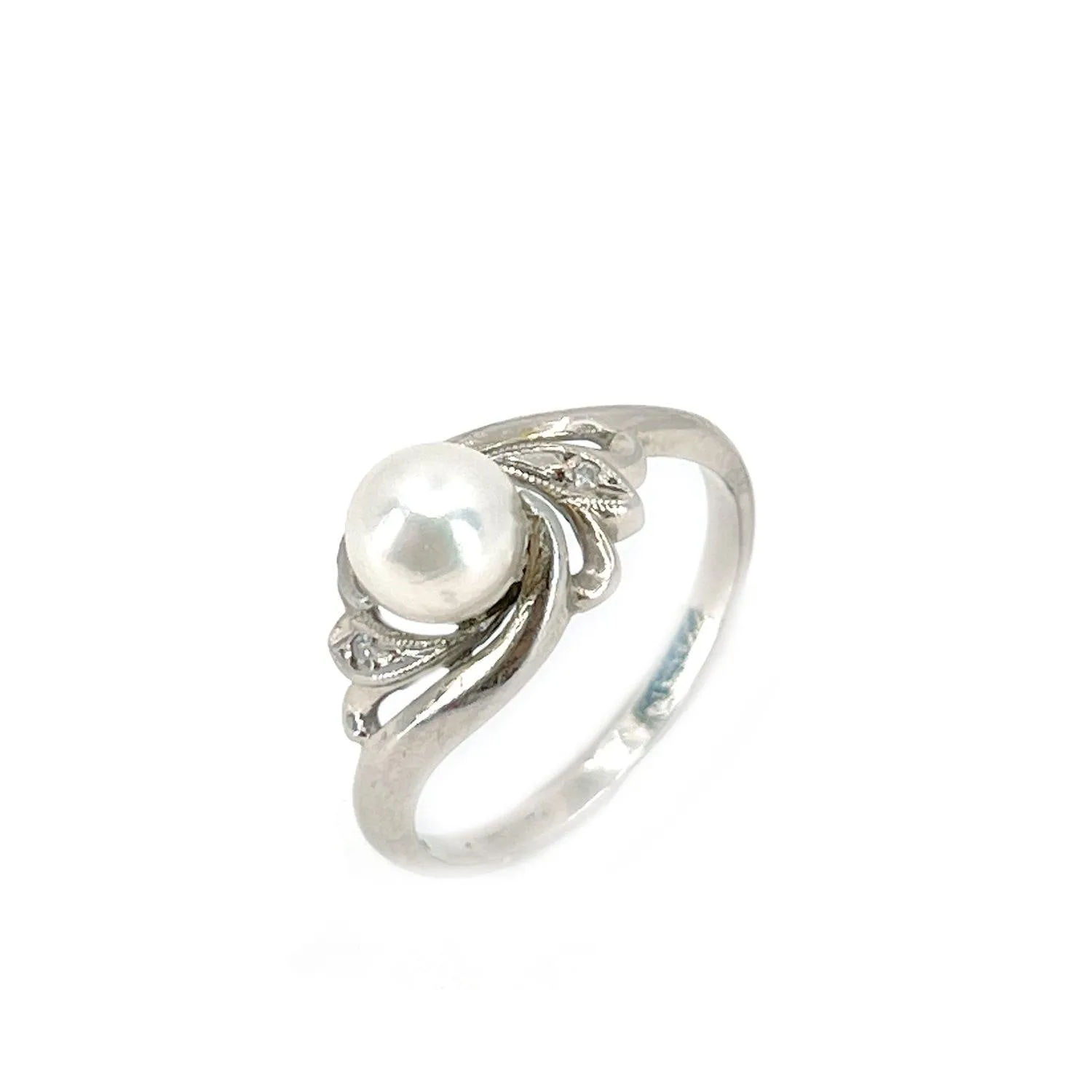 Art Nouveau Japanese Saltwater Akoya Cultured Pearl Diamond Ring- 14K White Gold Size 7 1/2