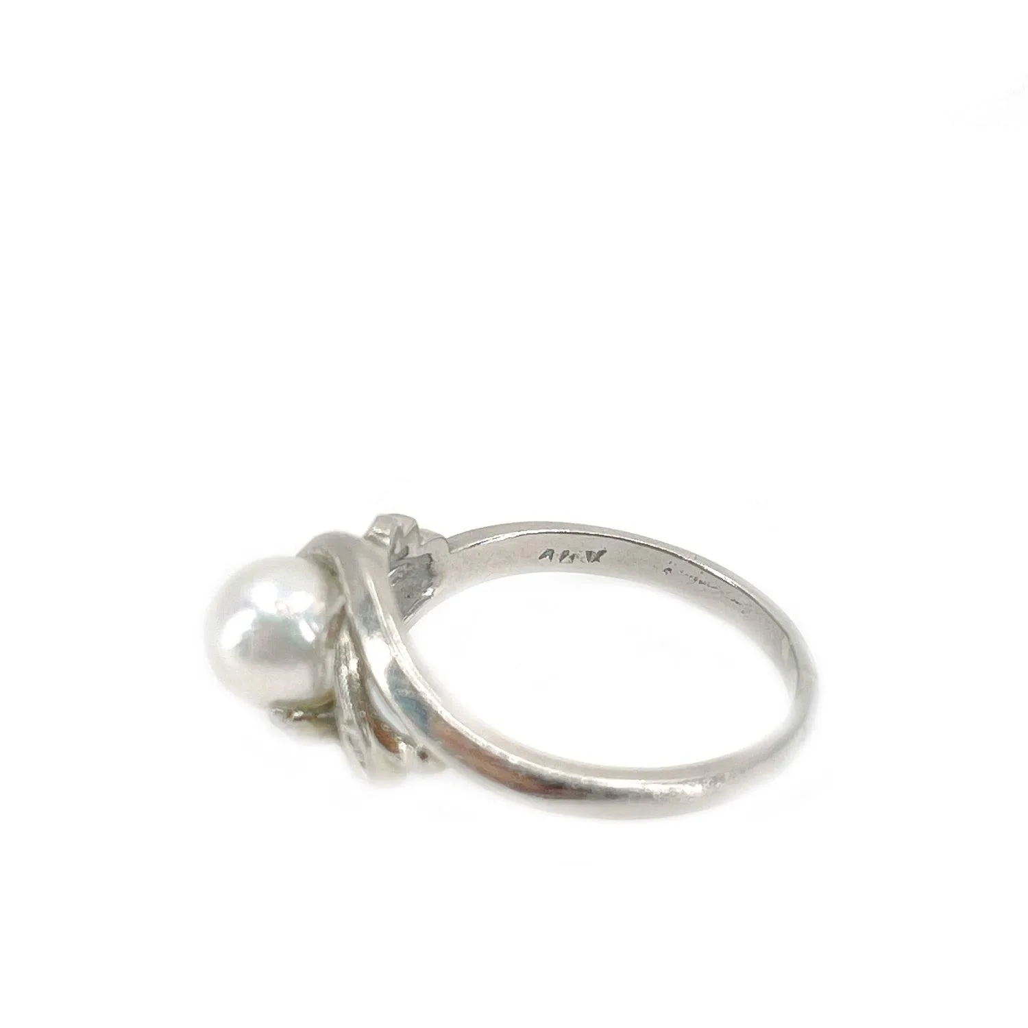 Art Nouveau Japanese Saltwater Akoya Cultured Pearl Diamond Ring- 14K White Gold Size 7 1/2