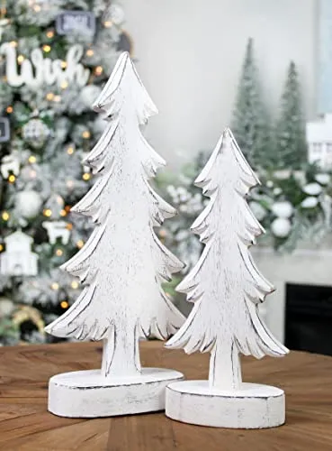AuldHome Wooden Christmas Trees (Set of 2, Distressed White); Tabletop Handmade Mango Wood Trees with Rectangular Base for Holiday Home Decor
