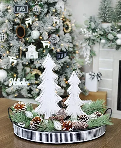AuldHome Wooden Christmas Trees (Set of 2, Distressed White); Tabletop Handmade Mango Wood Trees with Rectangular Base for Holiday Home Decor