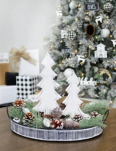 AuldHome Wooden Christmas Trees (Set of 2, Distressed White); Tabletop Handmade Mango Wood Trees with Rectangular Base for Holiday Home Decor