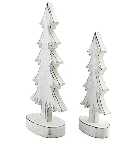 AuldHome Wooden Christmas Trees (Set of 2, Distressed White); Tabletop Handmade Mango Wood Trees with Rectangular Base for Holiday Home Decor