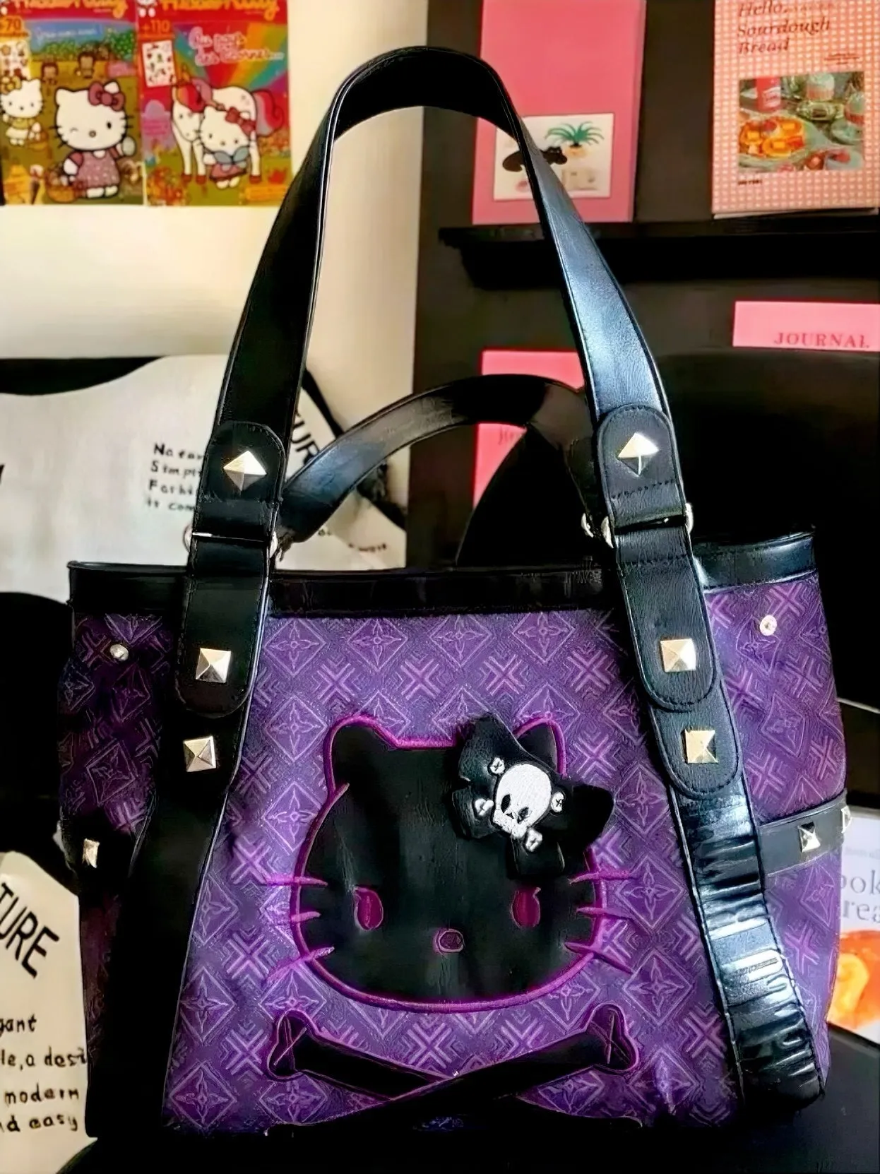 'Baddie Alert' Vintage Purple Rivet Kitty Hand Bag