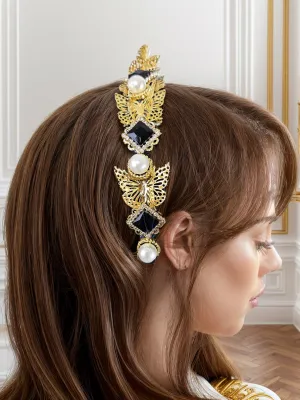 Baroque Beauty: Vintage Gold Metal Hairband with Rhinestones