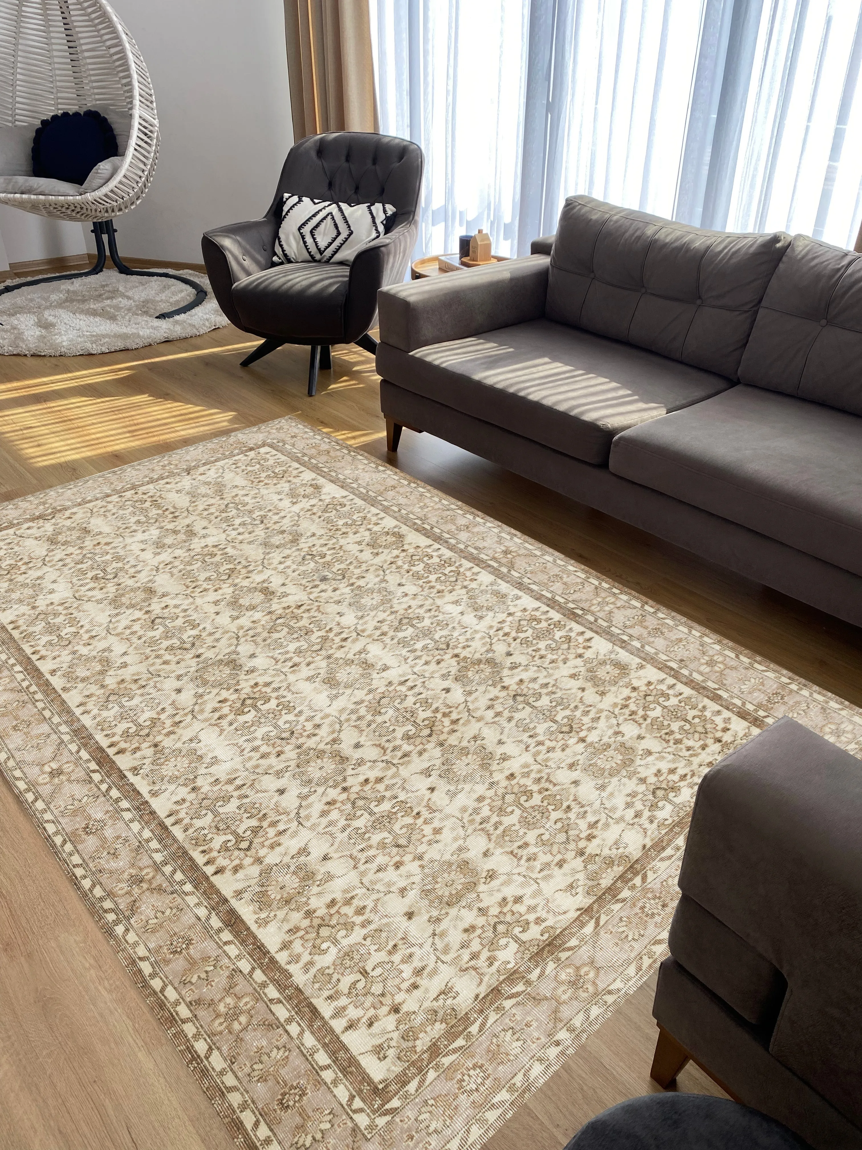 Beige Over Dyed Rug  I Retro Design Rug | Turkish Rug | Hand Weaving Rug  | Living Room Rug | Wool Rug | Vintage Rug | Tumbled Rug  | Naturel Rug | Boho Rug I 6'4'' x 10'2'' ft 194 x 310 cm