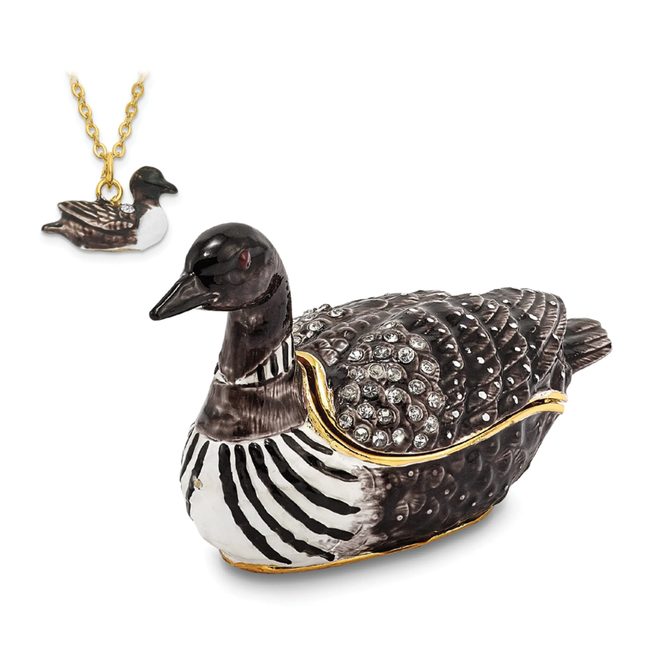 Bejeweled Pewter Multi Color Enamel Finish CARLO Loon Duck Trinket Box
