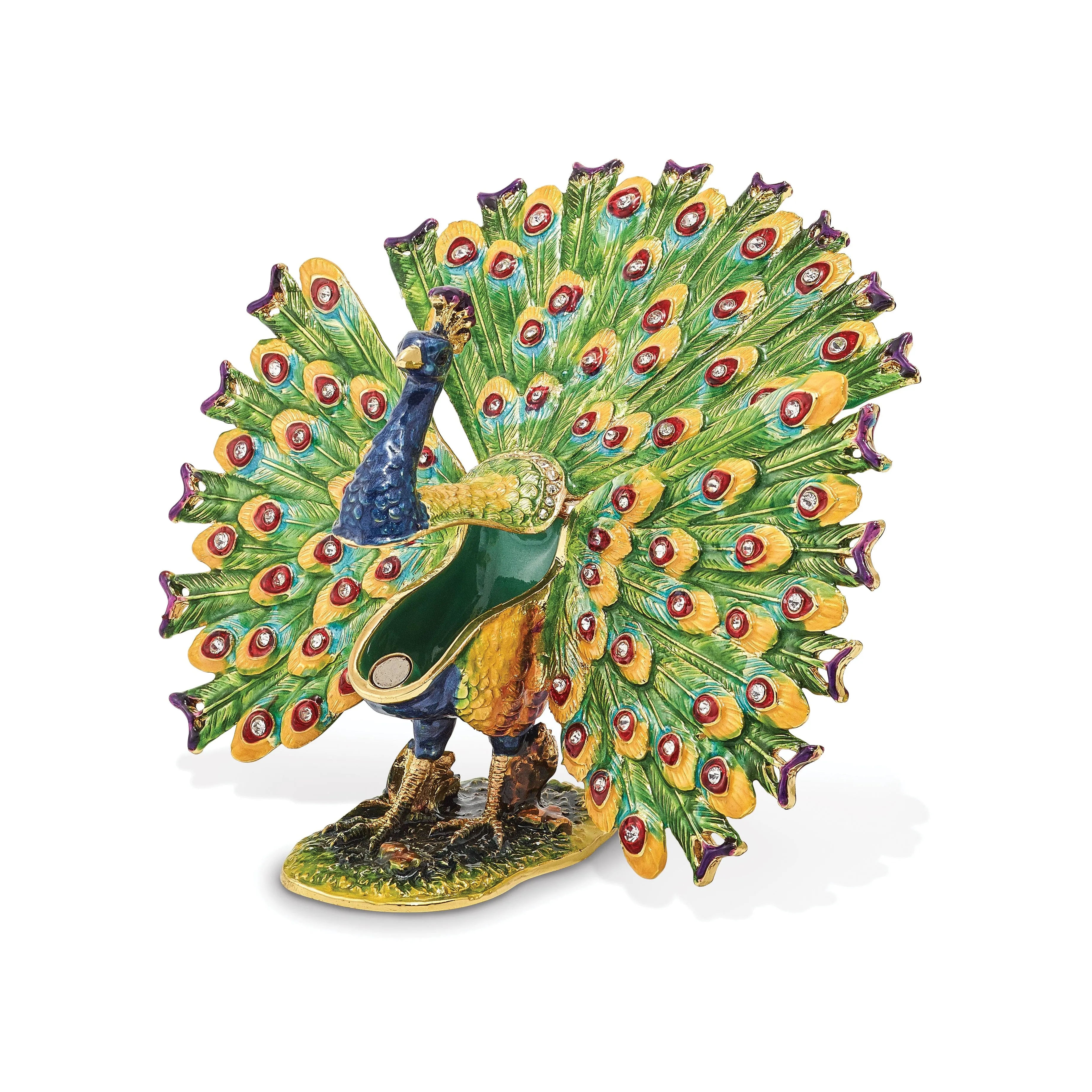 Bejeweled Pewter PROUD AS A PEACOCK Strutting Peacock Trinket Box