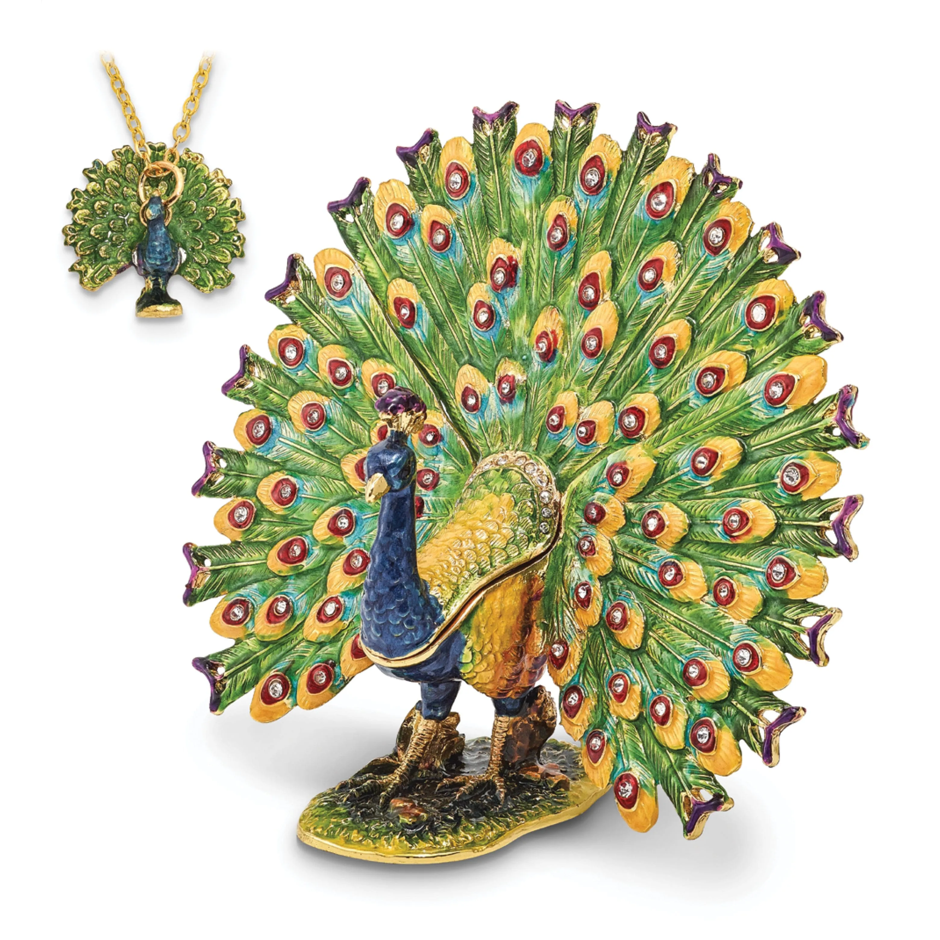 Bejeweled Pewter PROUD AS A PEACOCK Strutting Peacock Trinket Box