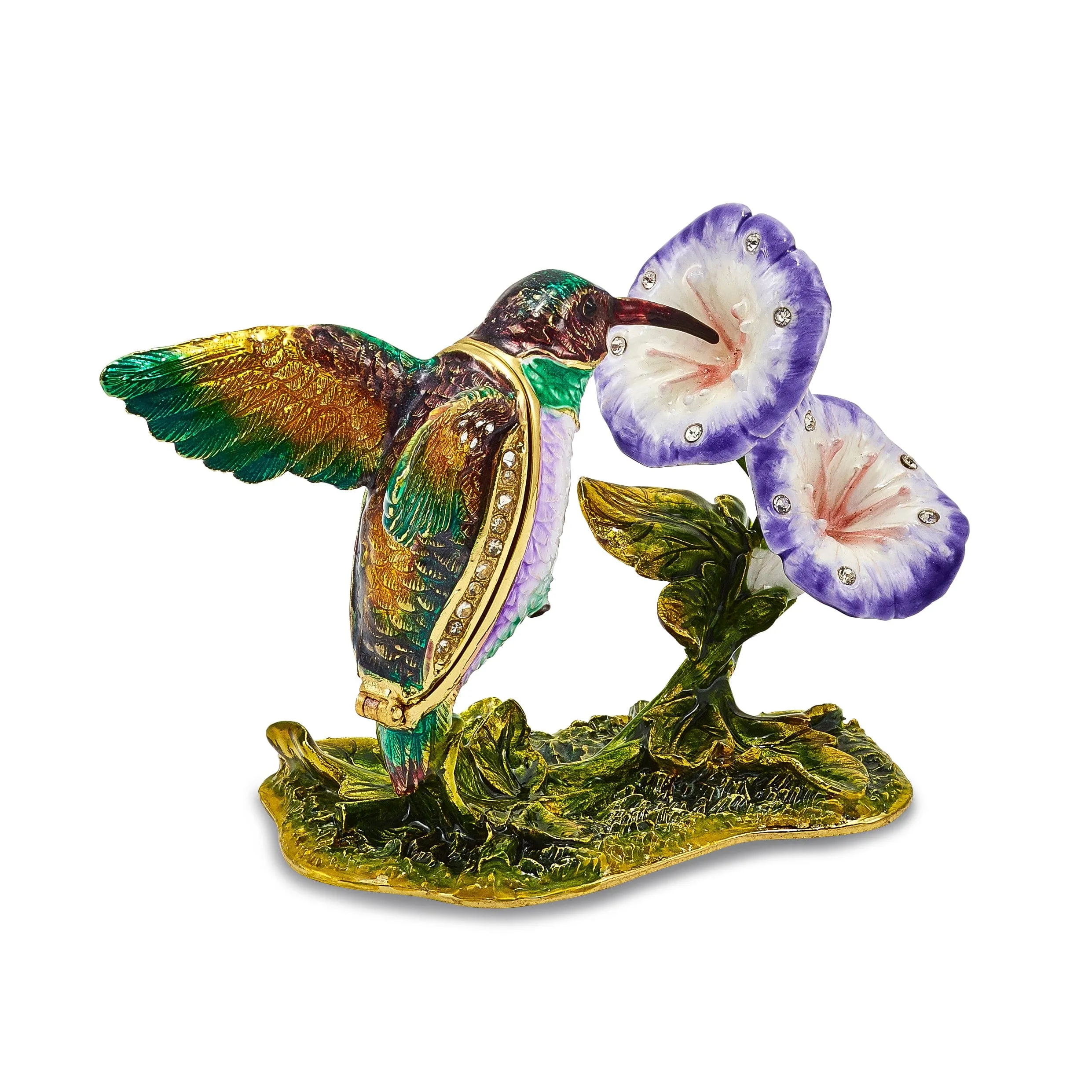 Bejeweled Pewter STELLA Hummingbird Morning Glory Trinket Box Design