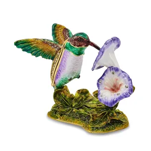 Bejeweled Pewter STELLA Hummingbird Morning Glory Trinket Box Design