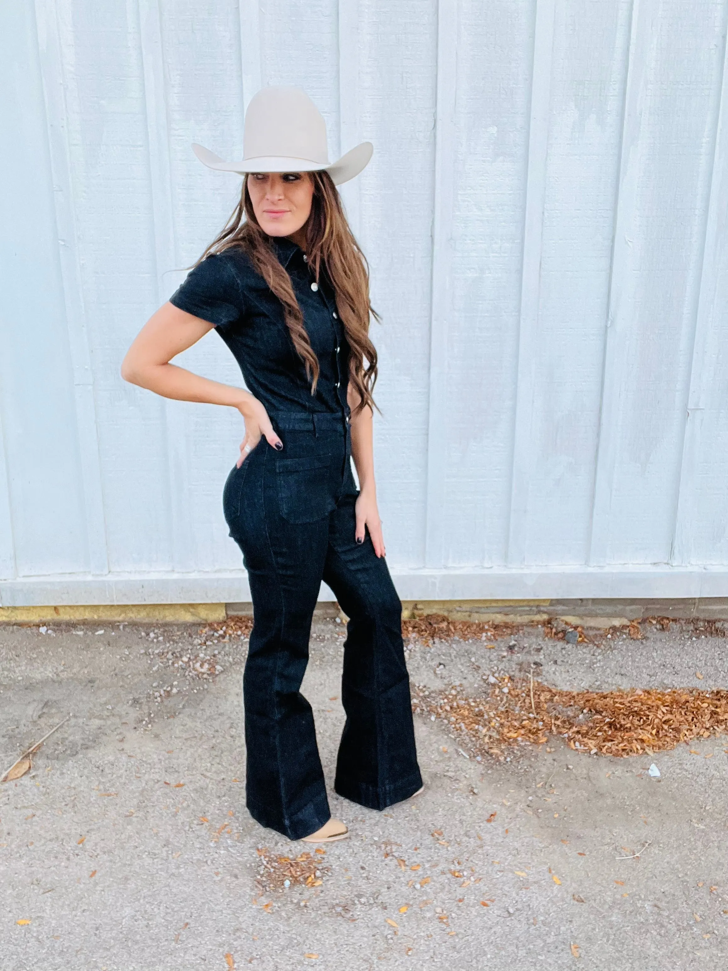 Black Denim Flared Jumpsuit