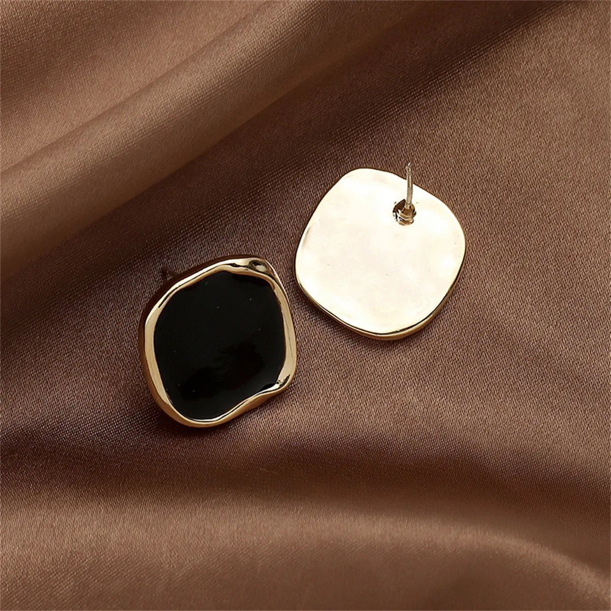 Black Enamel & 18K Gold-Plated Square Stud Earrings