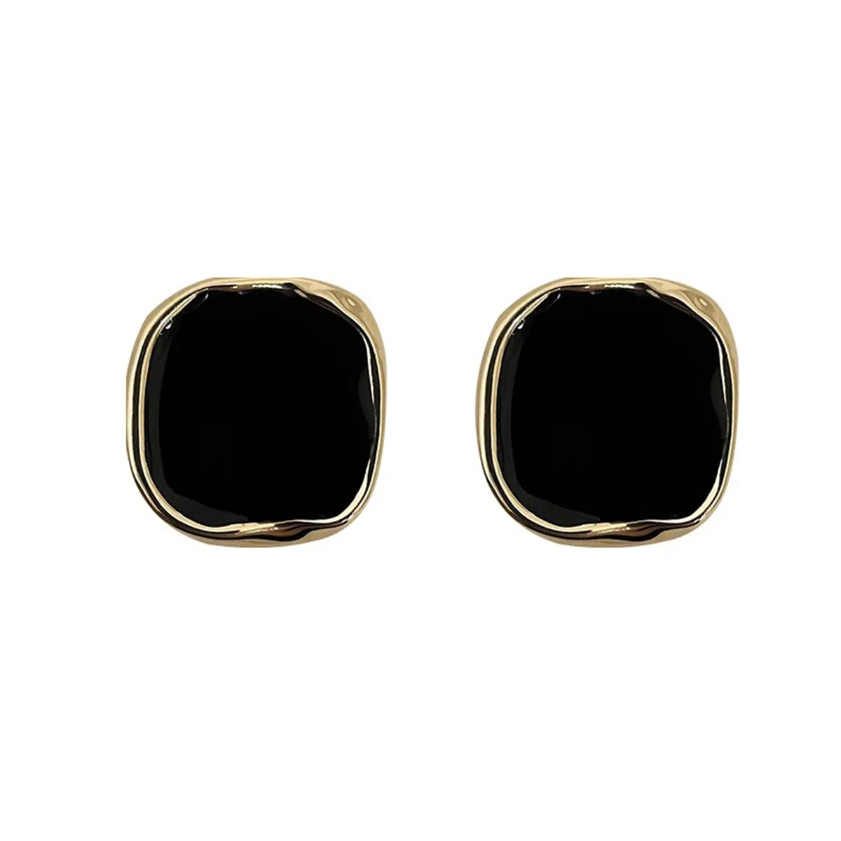 Black Enamel & 18K Gold-Plated Square Stud Earrings