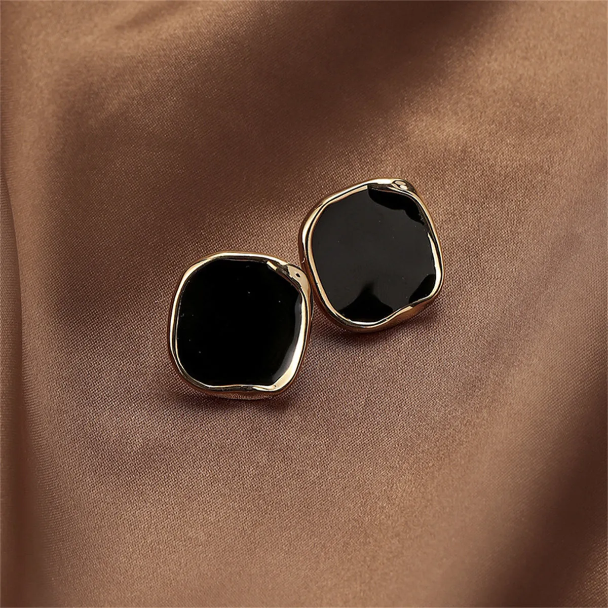 Black Enamel & 18K Gold-Plated Square Stud Earrings