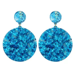 Blue Resin Stars Round Disc Earrings