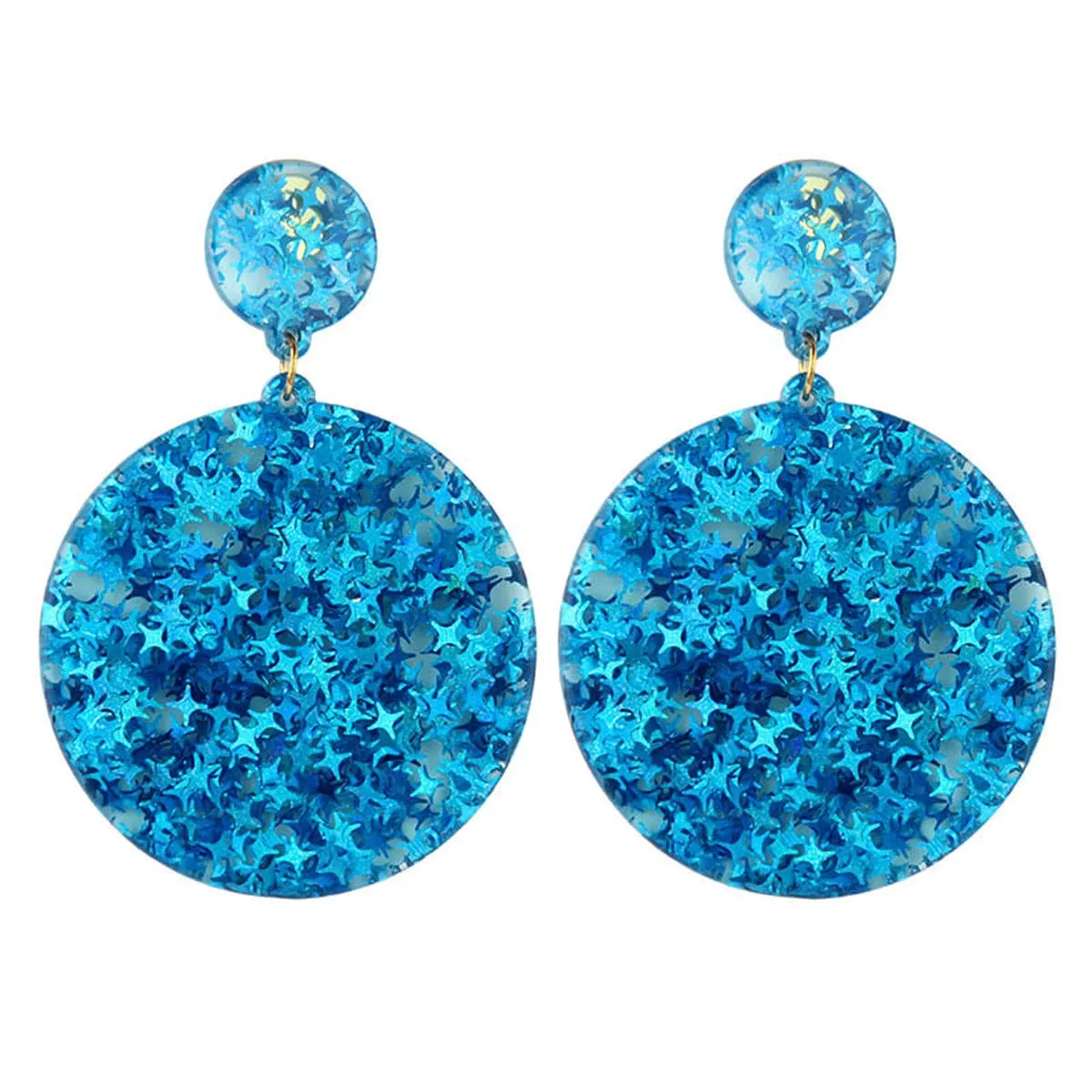 Blue Resin Stars Round Disc Earrings