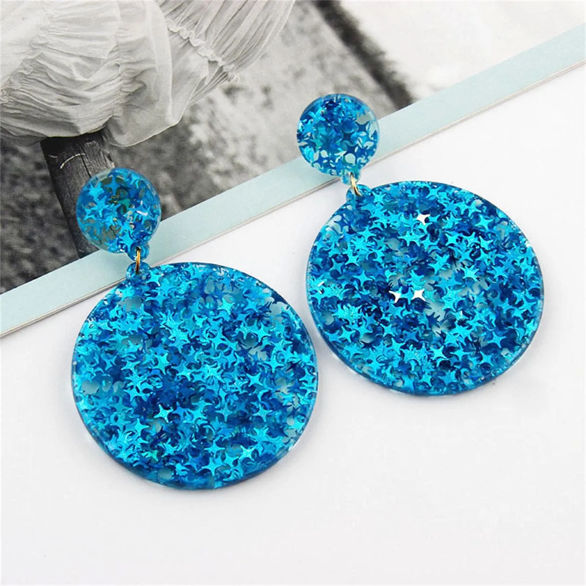 Blue Resin Stars Round Disc Earrings