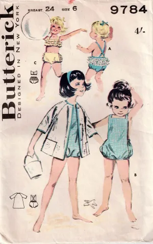 Butterick 9784 Toddler Girls Sunsuit Bikini & Beach Coat 1960s Vintage Sewing Pattern Size 4 or 6 UNUSED Factory Folded