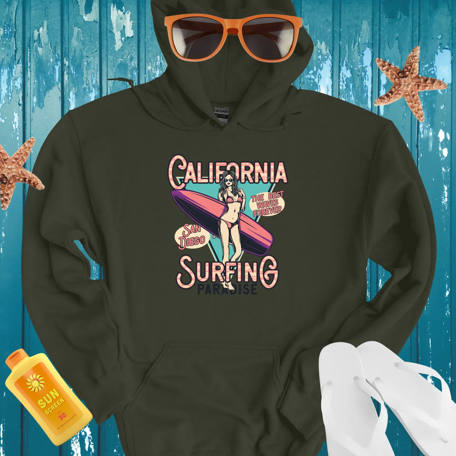 California Surfing Paradise Hoodie Retro Beach Design