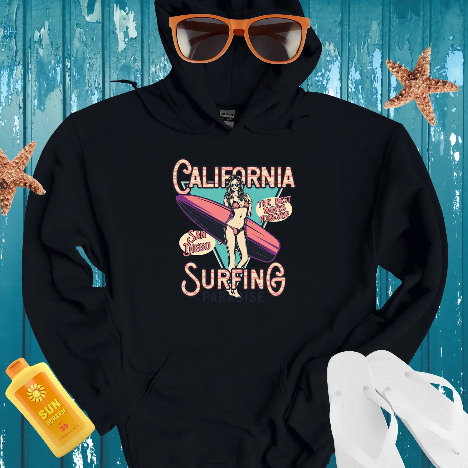 California Surfing Paradise Hoodie Retro Beach Design