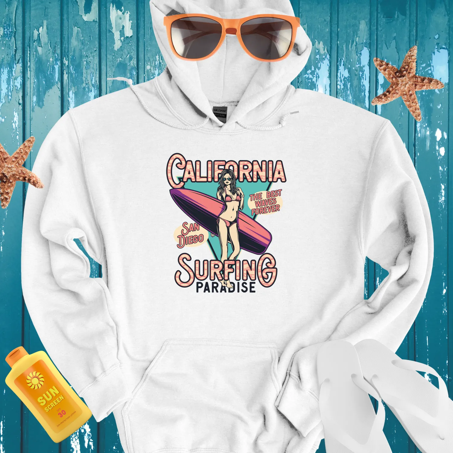 California Surfing Paradise Hoodie Retro Beach Design