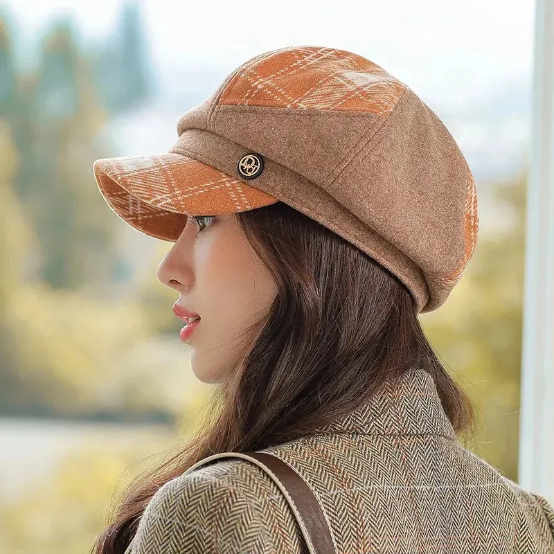 Cap Visors for Women Woolen Plaid Vintage Spring Autumn Navy Caps Flat Top Classic Beret British Newsboy Octagonal Hat