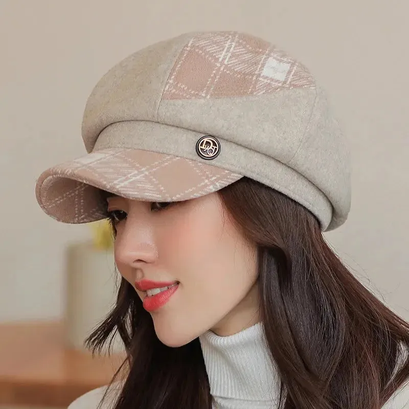 Cap Visors for Women Woolen Plaid Vintage Spring Autumn Navy Caps Flat Top Classic Beret British Newsboy Octagonal Hat