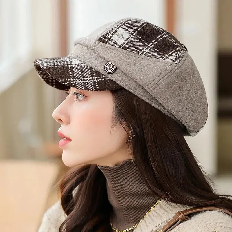 Cap Visors for Women Woolen Plaid Vintage Spring Autumn Navy Caps Flat Top Classic Beret British Newsboy Octagonal Hat