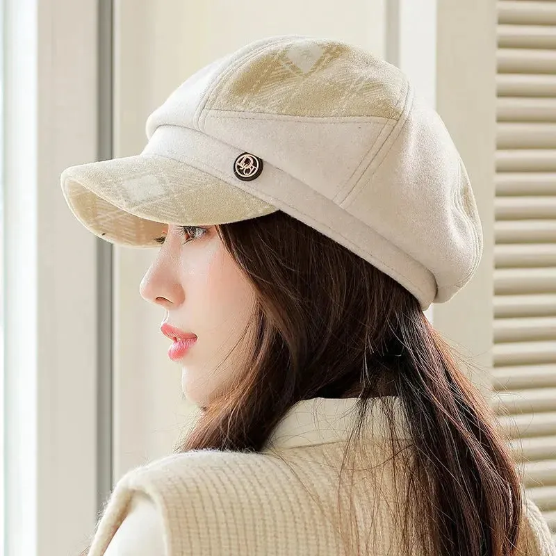 Cap Visors for Women Woolen Plaid Vintage Spring Autumn Navy Caps Flat Top Classic Beret British Newsboy Octagonal Hat