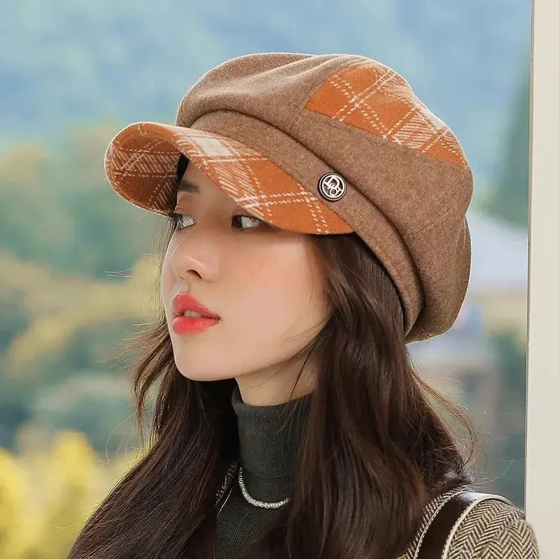 Cap Visors for Women Woolen Plaid Vintage Spring Autumn Navy Caps Flat Top Classic Beret British Newsboy Octagonal Hat