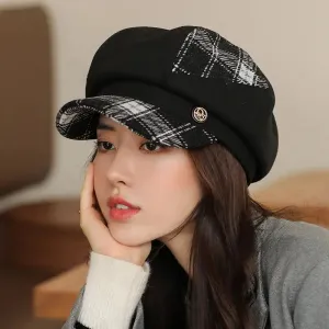 Cap Visors for Women Woolen Plaid Vintage Spring Autumn Navy Caps Flat Top Classic Beret British Newsboy Octagonal Hat