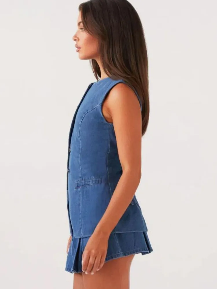Casual Sleeveless Waist Denim Set