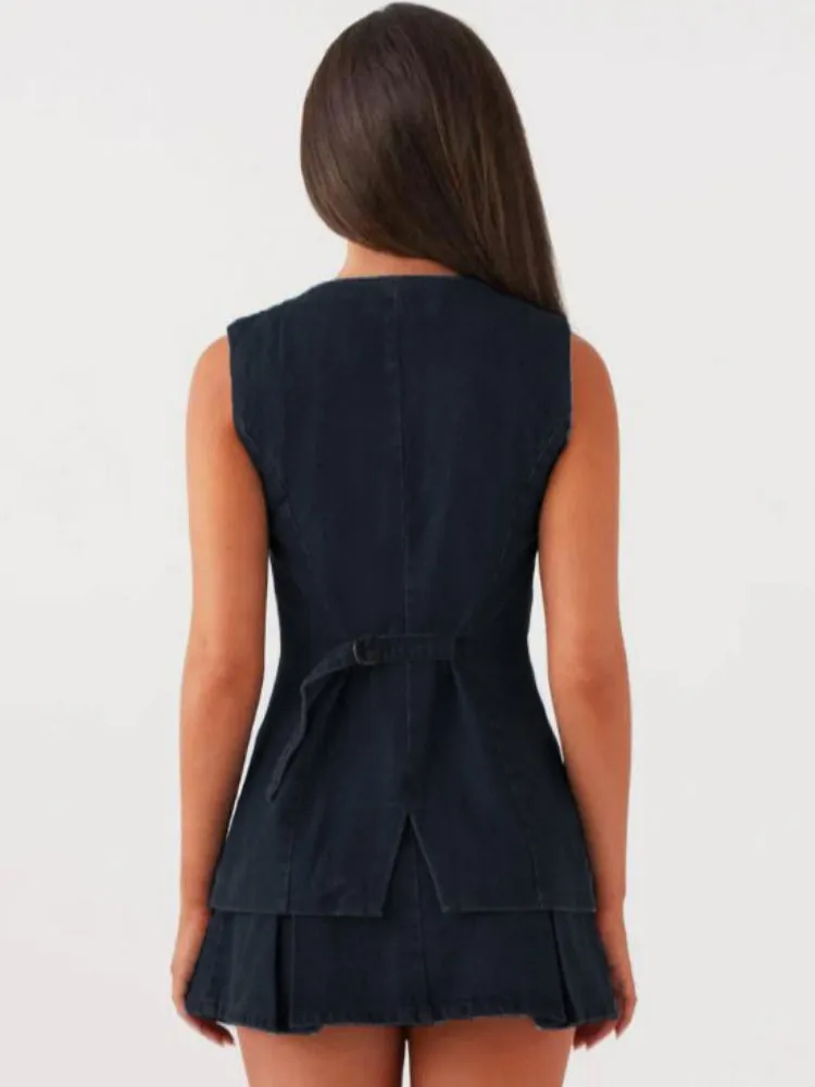 Casual Sleeveless Waist Denim Set