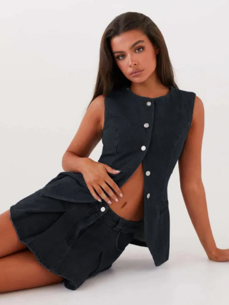 Casual Sleeveless Waist Denim Set