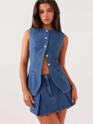 Casual Sleeveless Waist Denim Set