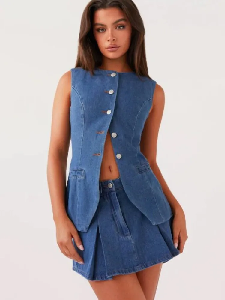 Casual Sleeveless Waist Denim Set