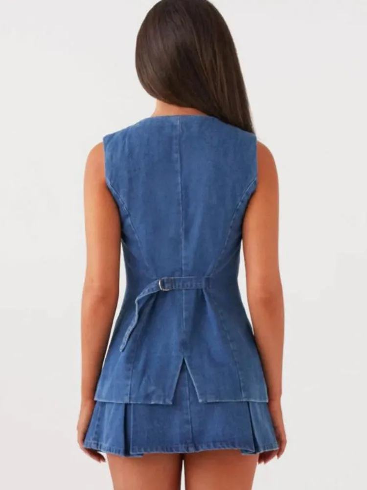 Casual Sleeveless Waist Denim Set