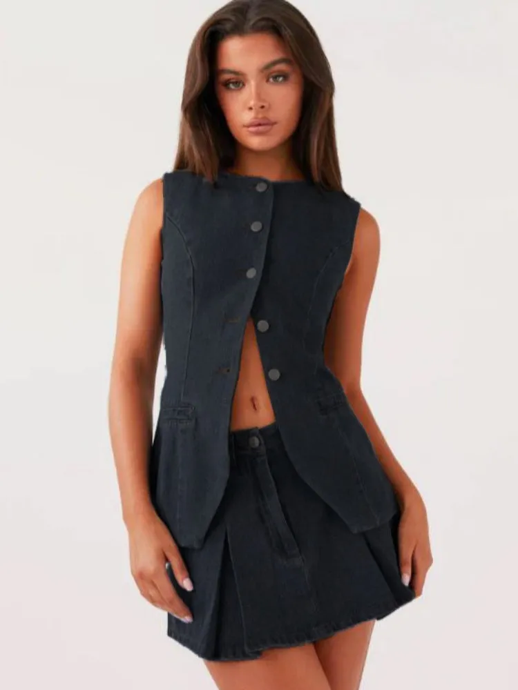 Casual Sleeveless Waist Denim Set