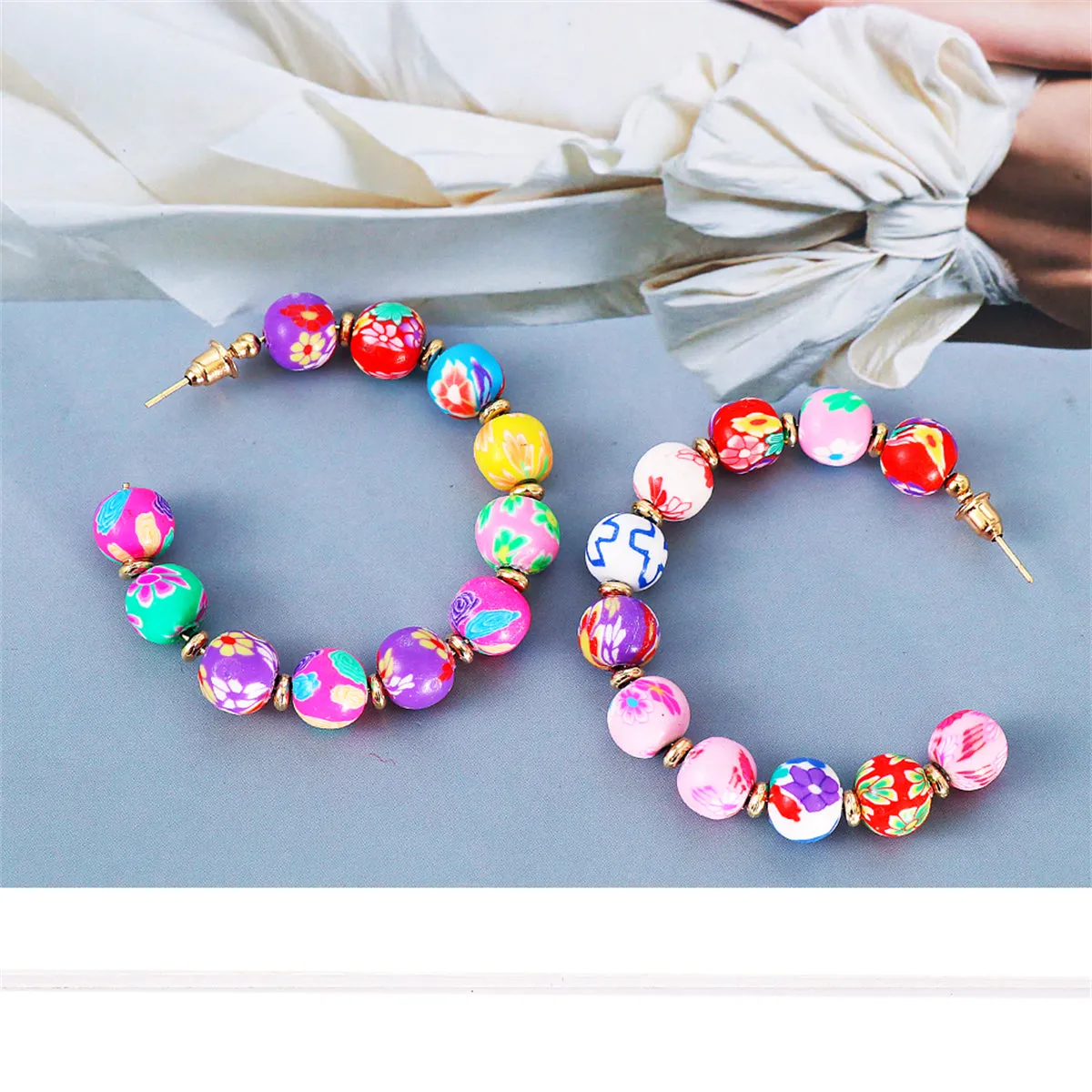 Ceramics & 18K Gold-Plated Floral Beaded Hoop Earring
