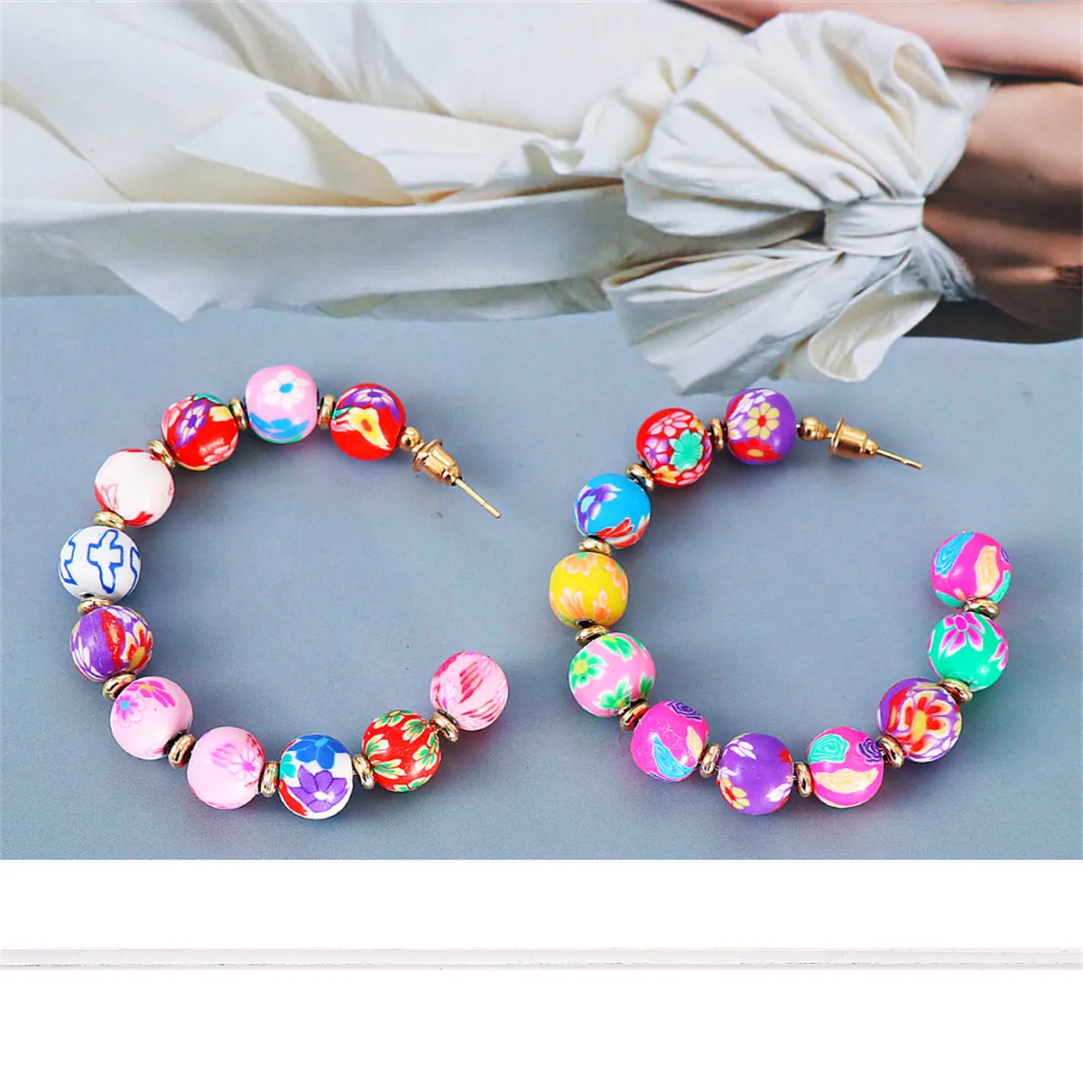 Ceramics & 18K Gold-Plated Floral Beaded Hoop Earring
