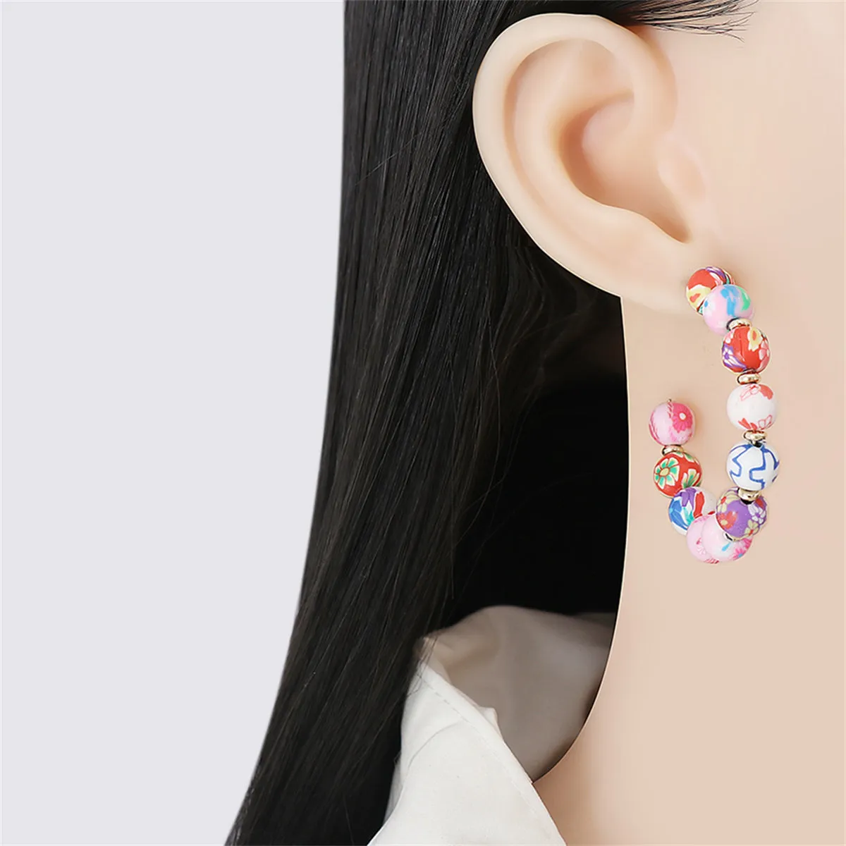Ceramics & 18K Gold-Plated Floral Beaded Hoop Earring