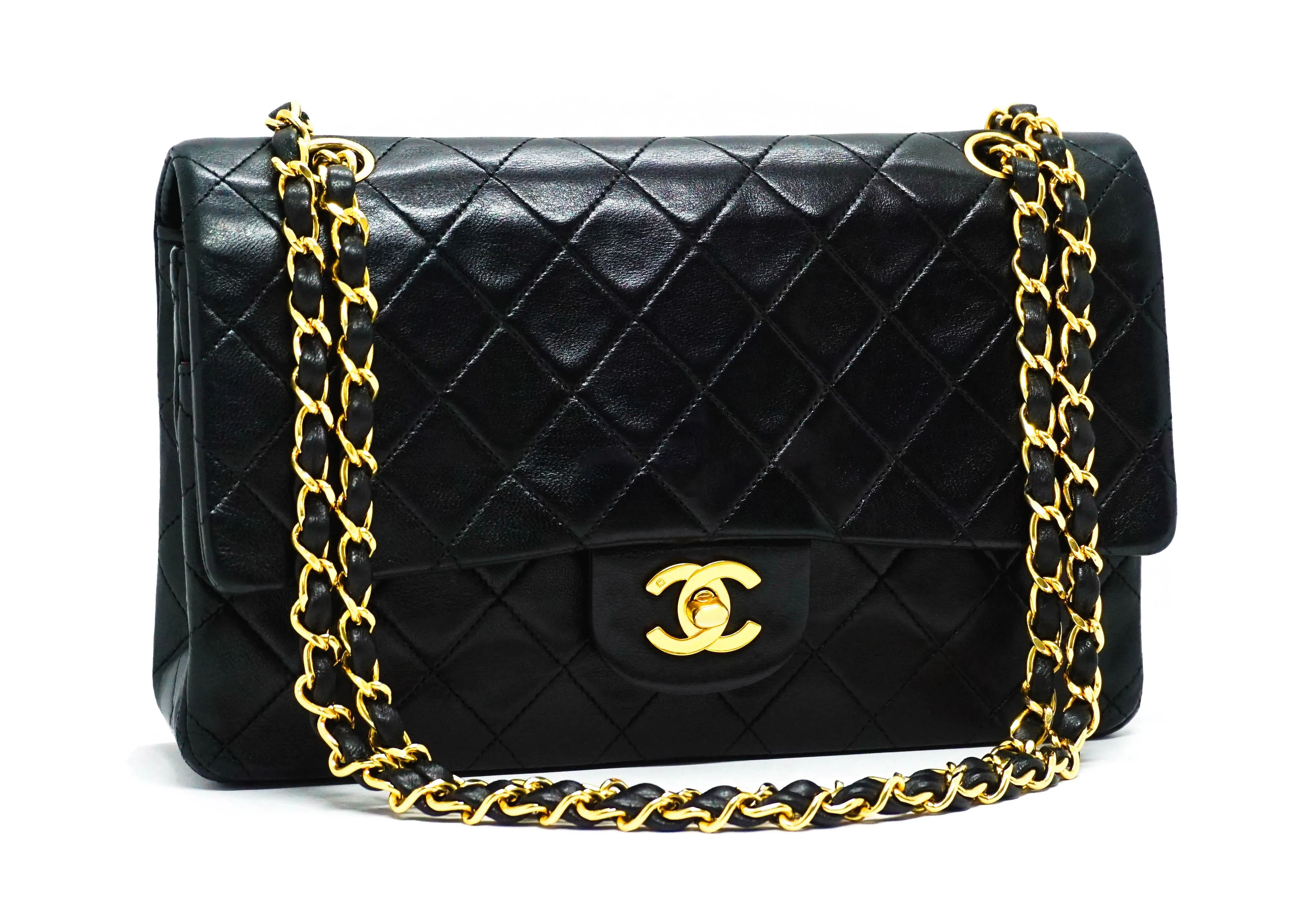 Chanel Vintage Black Lambskin Medium Classic 2.55 10” Flap Bag