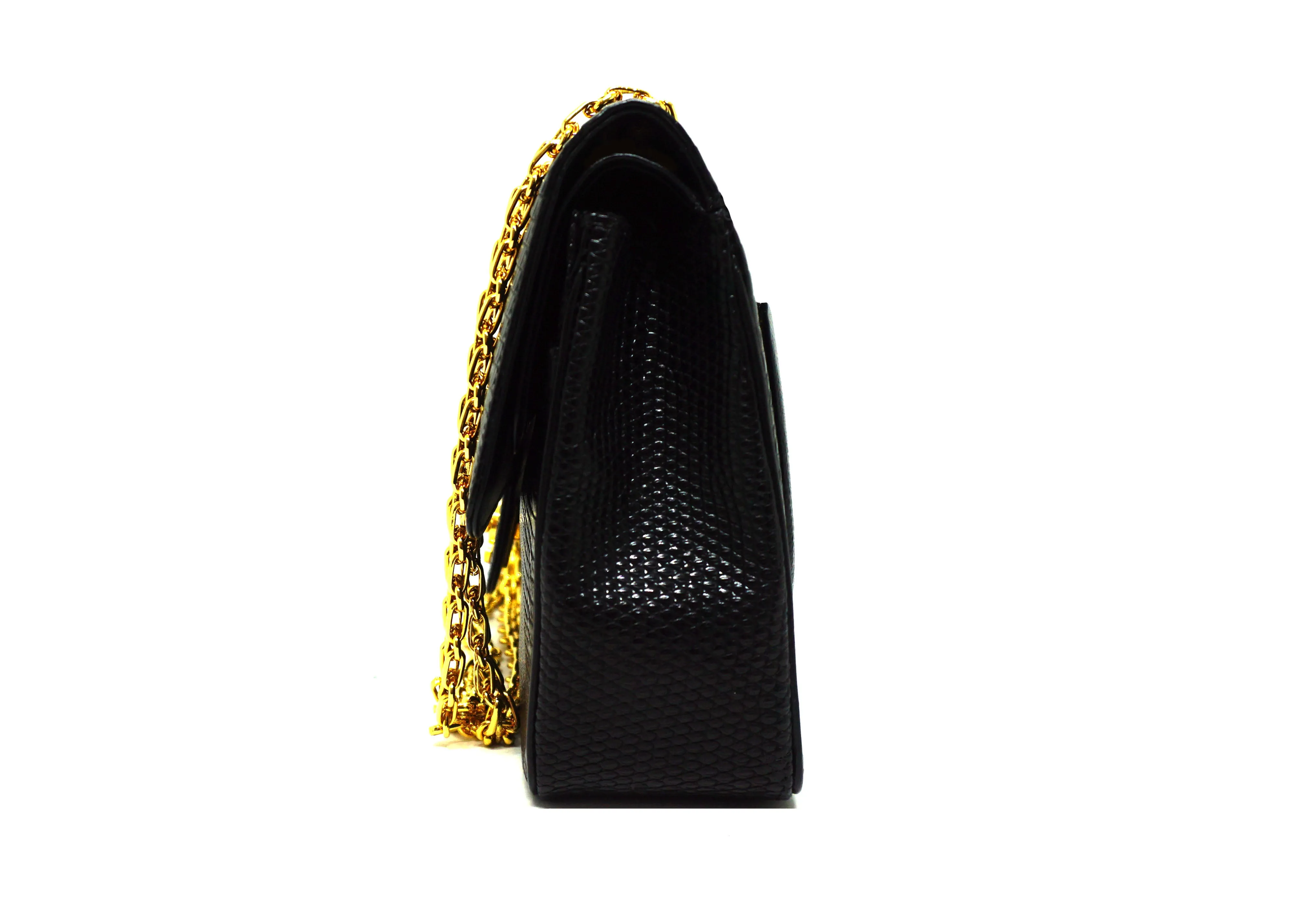 Chanel Vintage Rare Black Lizard Medium Classic Double Flap
