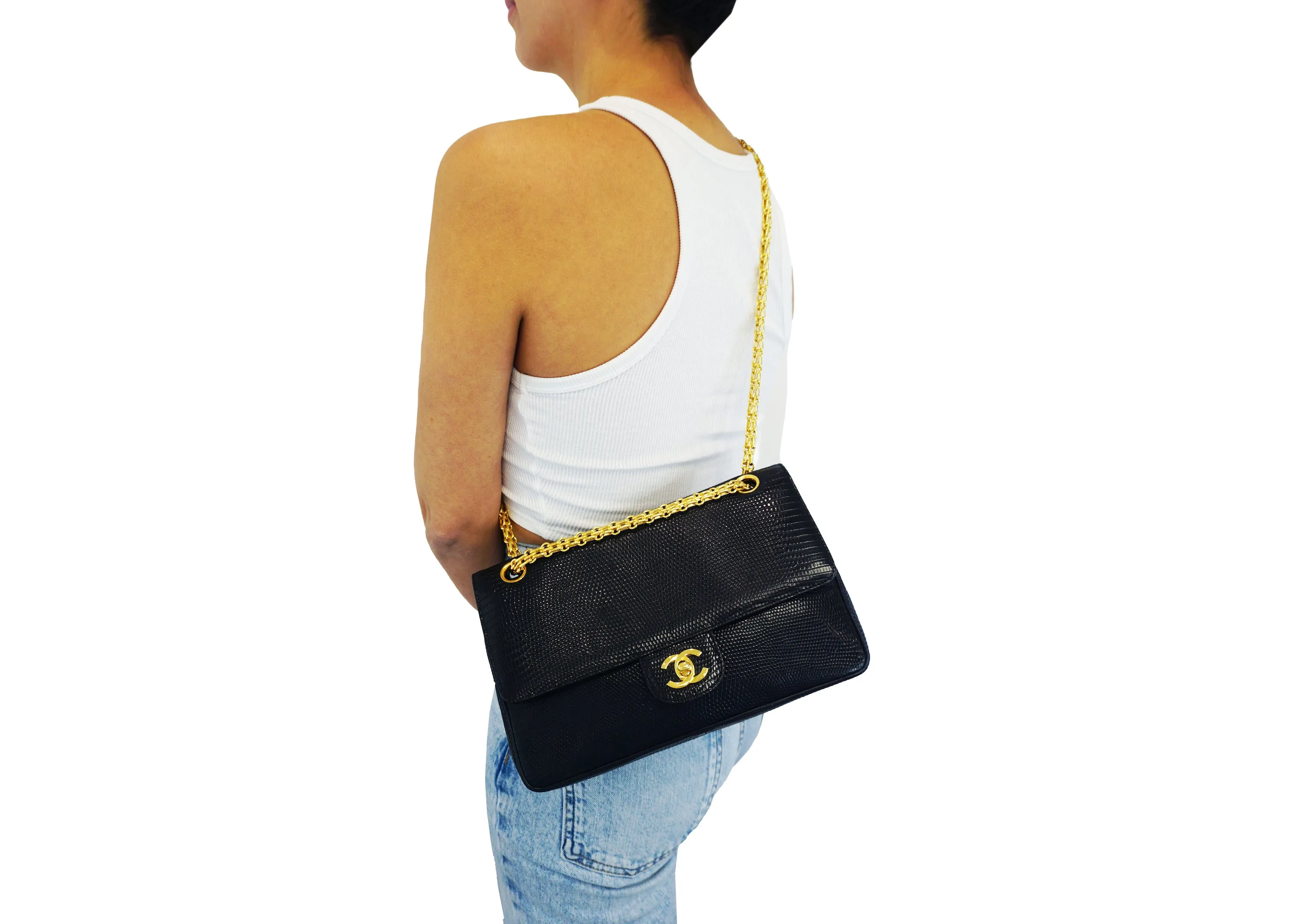 Chanel Vintage Rare Black Lizard Medium Classic Double Flap