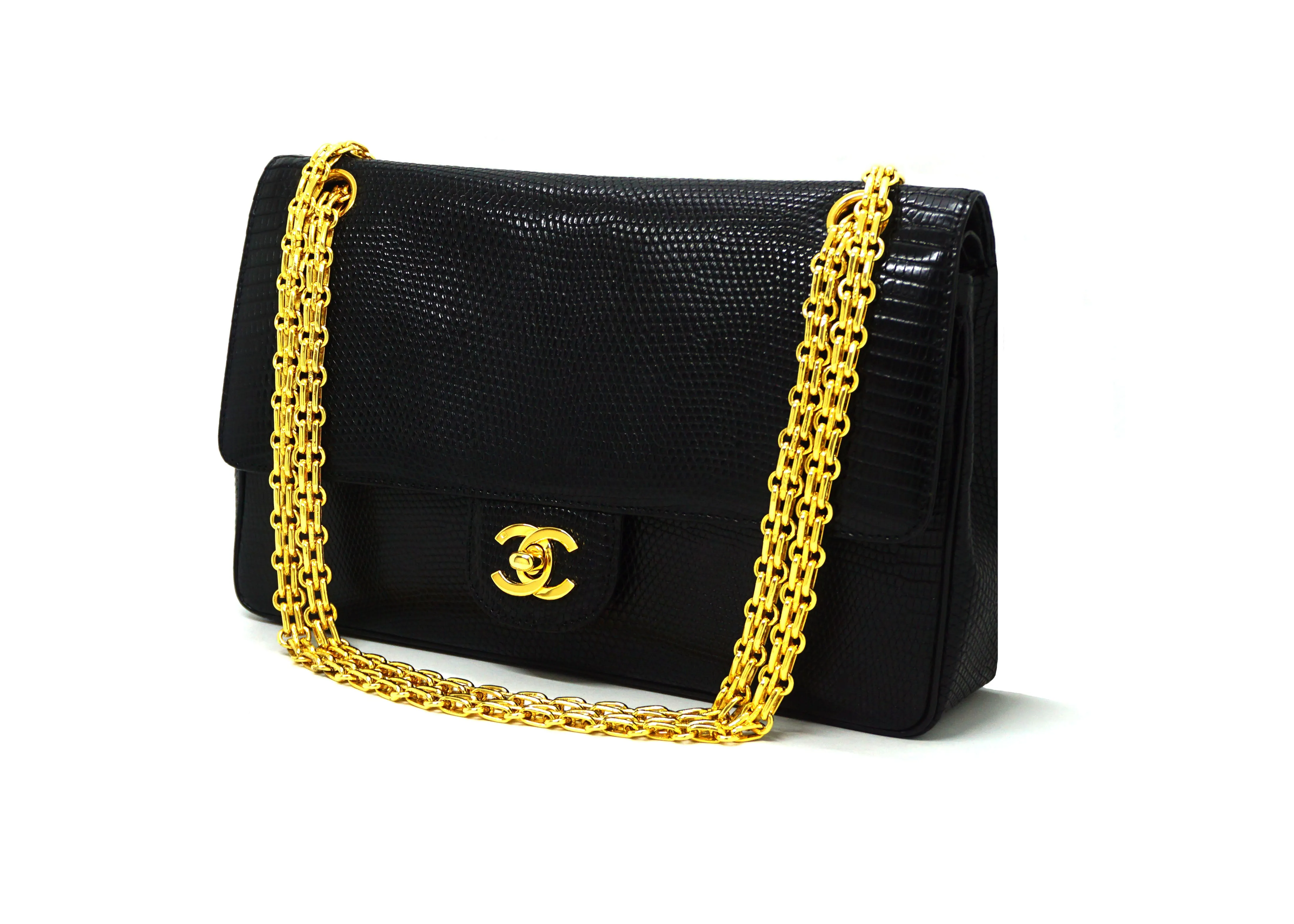 Chanel Vintage Rare Black Lizard Medium Classic Double Flap