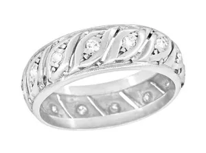 Chaplin 1950's Mid Century Filigree Antique Scrolls & Diamonds Platinum Wide Wedding Band - Size 6 1/2