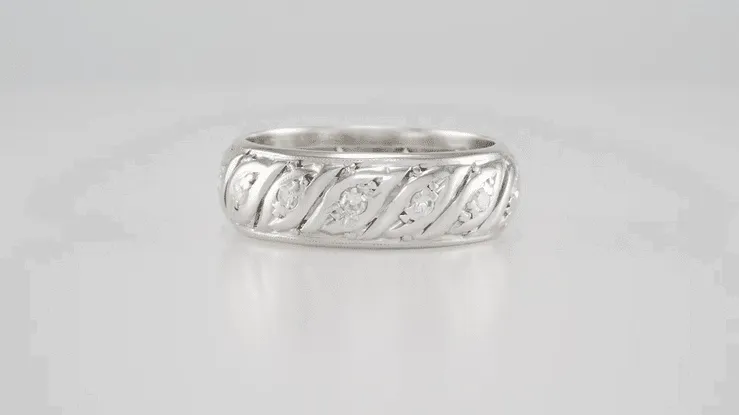 Chaplin 1950's Mid Century Filigree Antique Scrolls & Diamonds Platinum Wide Wedding Band - Size 6 1/2