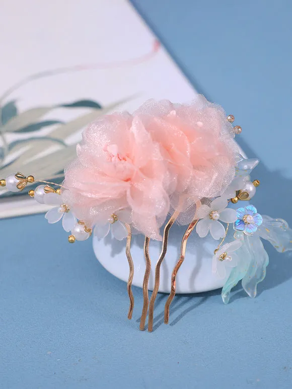 Chinese Style Lolita Accessories Pink Flowers Pearls Headwear Metal Miscellaneous